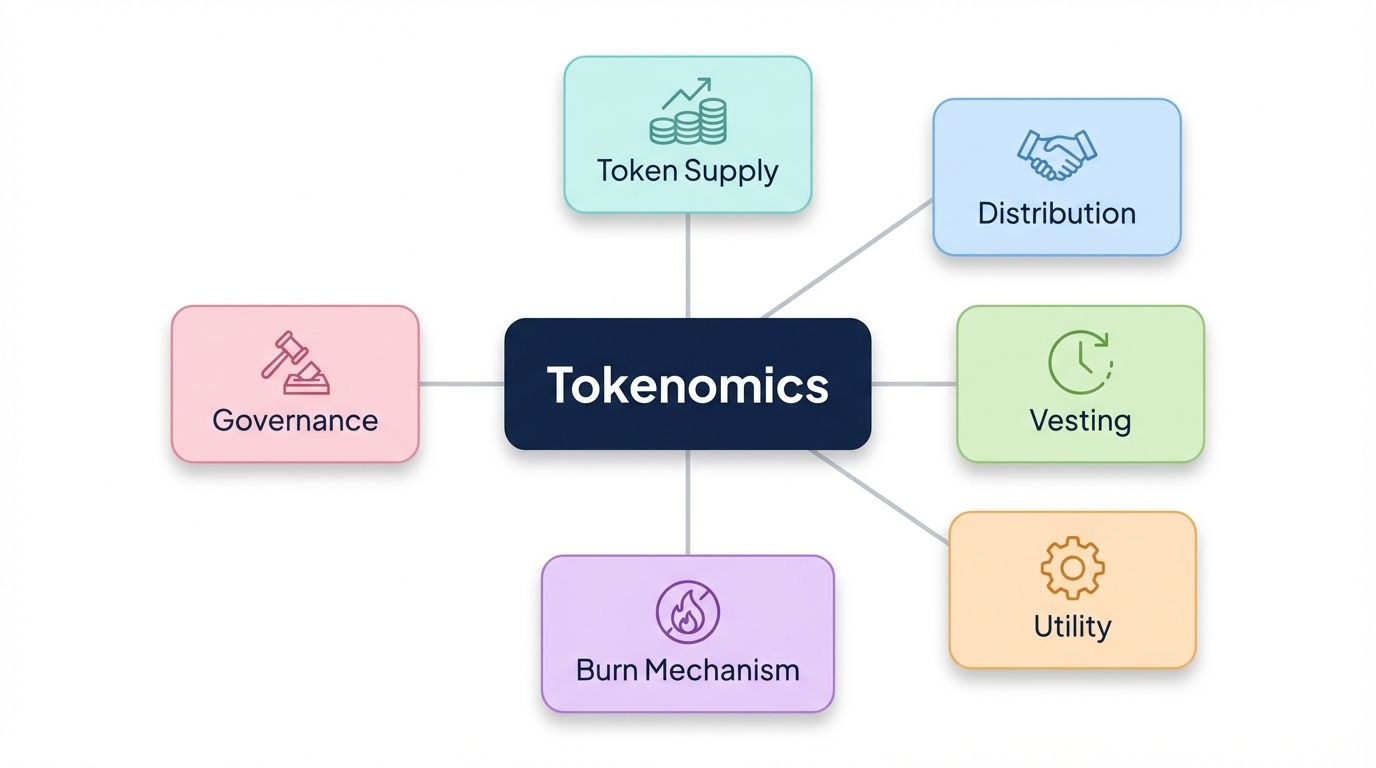 Tokenomics hub and spoke diagram showing six key components: token supply distribution vesting utility burn mechanism and governance