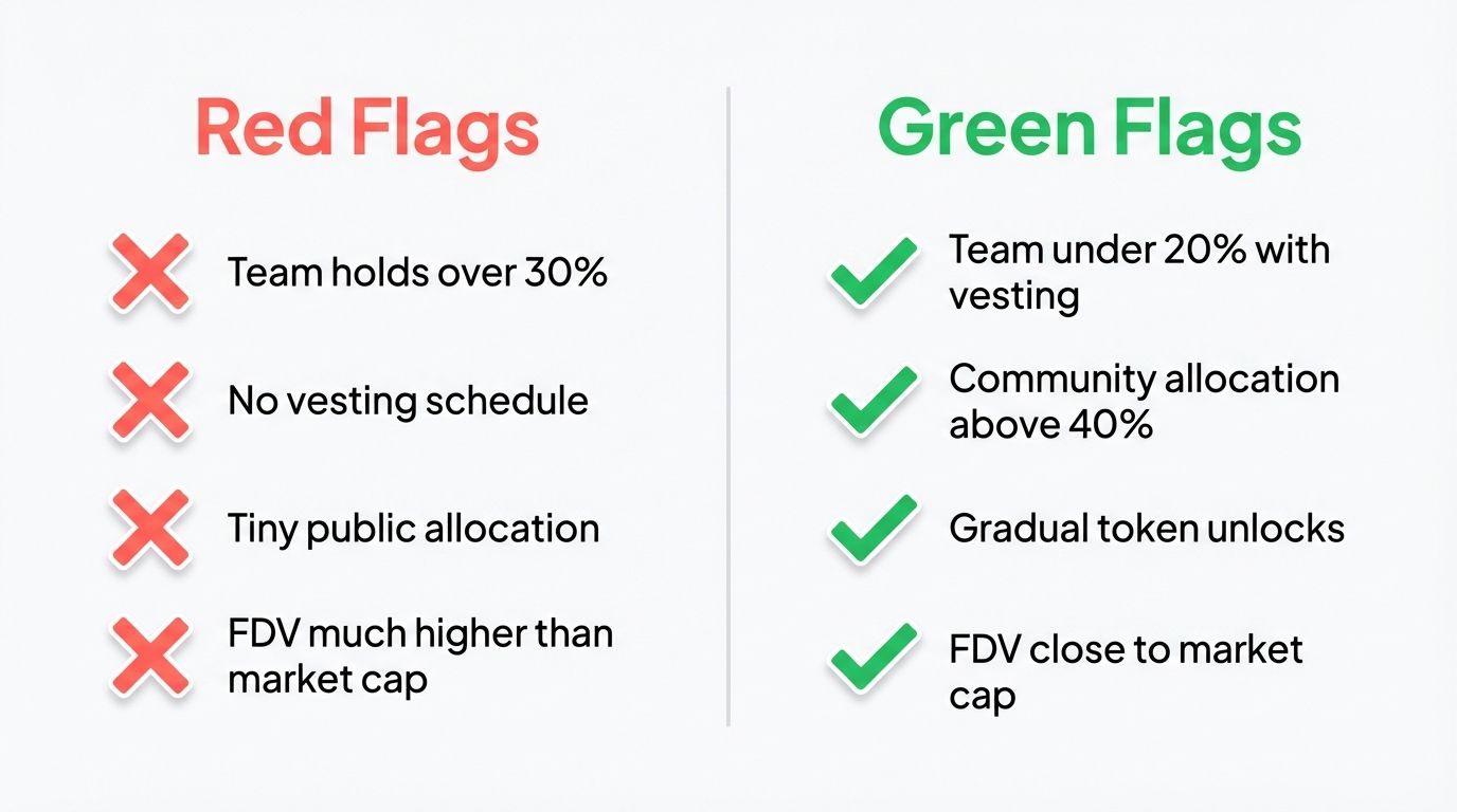 Red flags versus green flags in token distribution including team allocation vesting and FDV