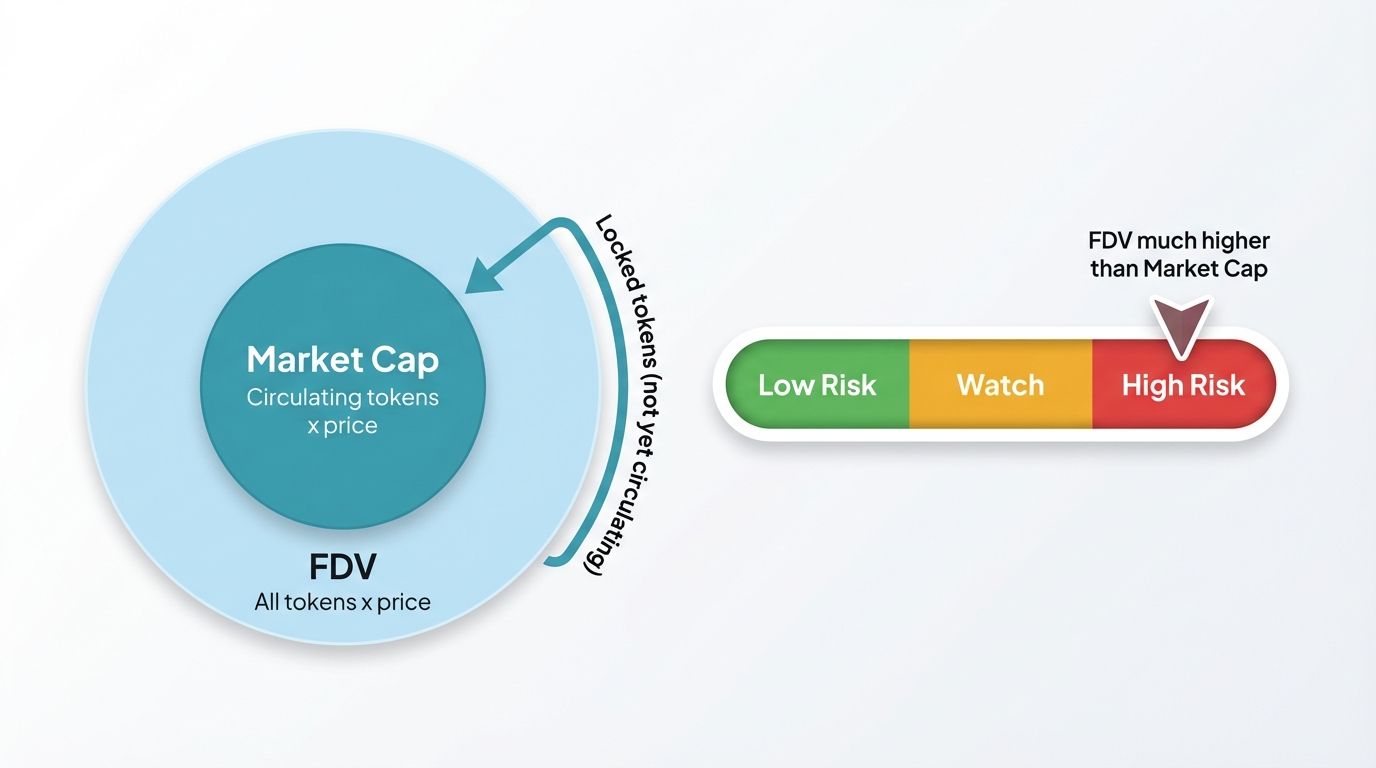 Fully diluted valuation FDV versus market cap showing locked tokens and risk zones from low risk to high risk