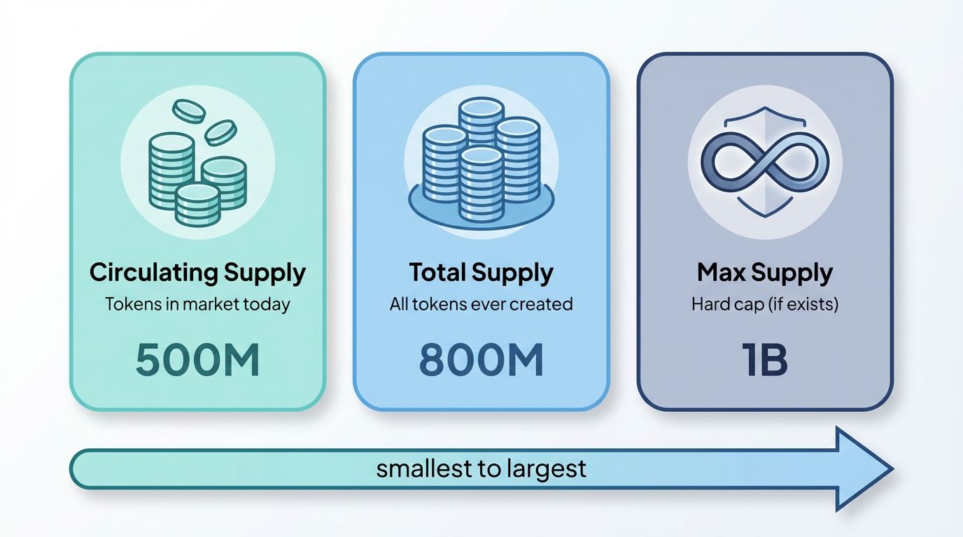 Three types of token supply: circulating supply total supply and max supply with example numbers