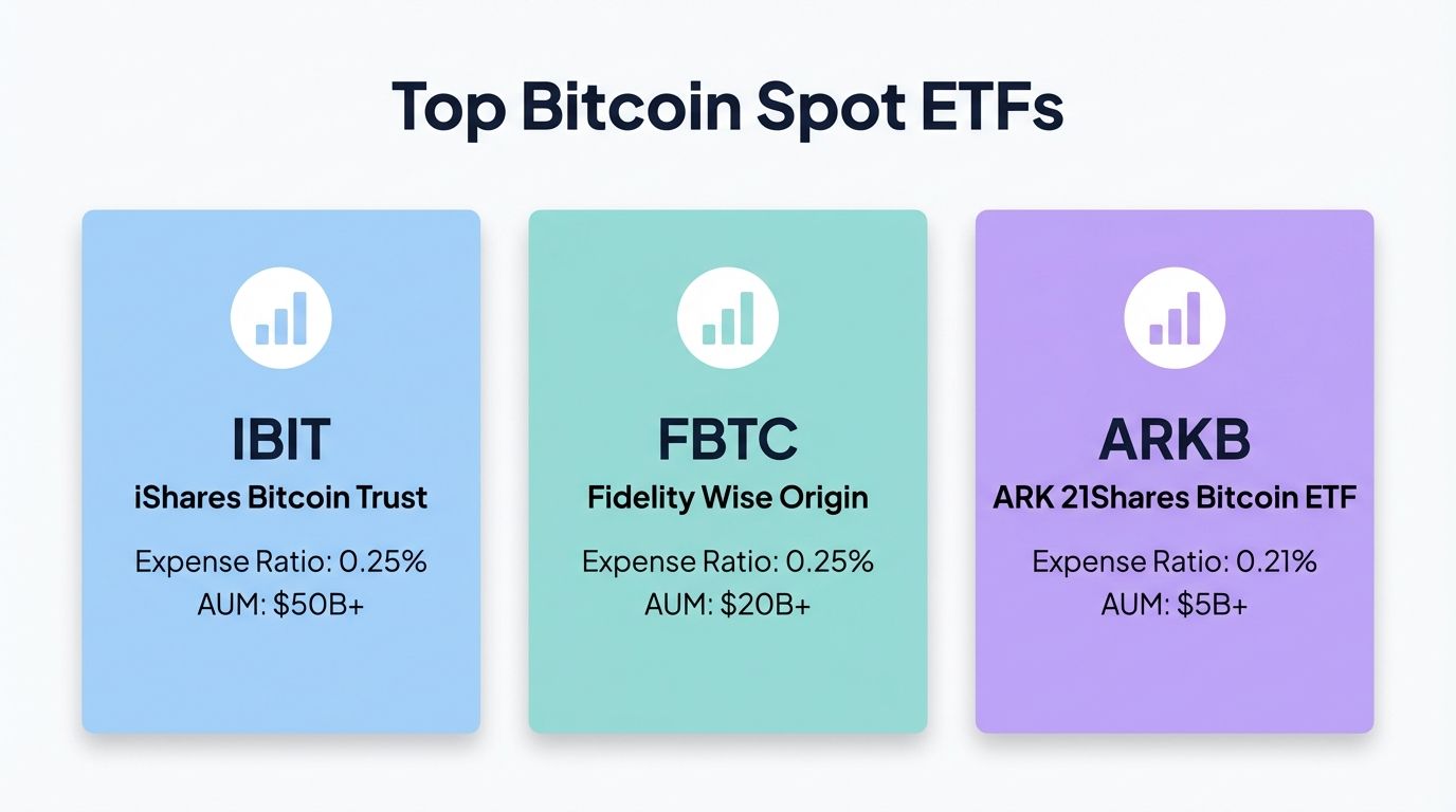 Three top Bitcoin spot ETFs in 2026: IBIT by iShares with 0.25% expense ratio and 50B AUM, FBTC by Fidelity, and ARKB by ARK 21Shares with 0.21%