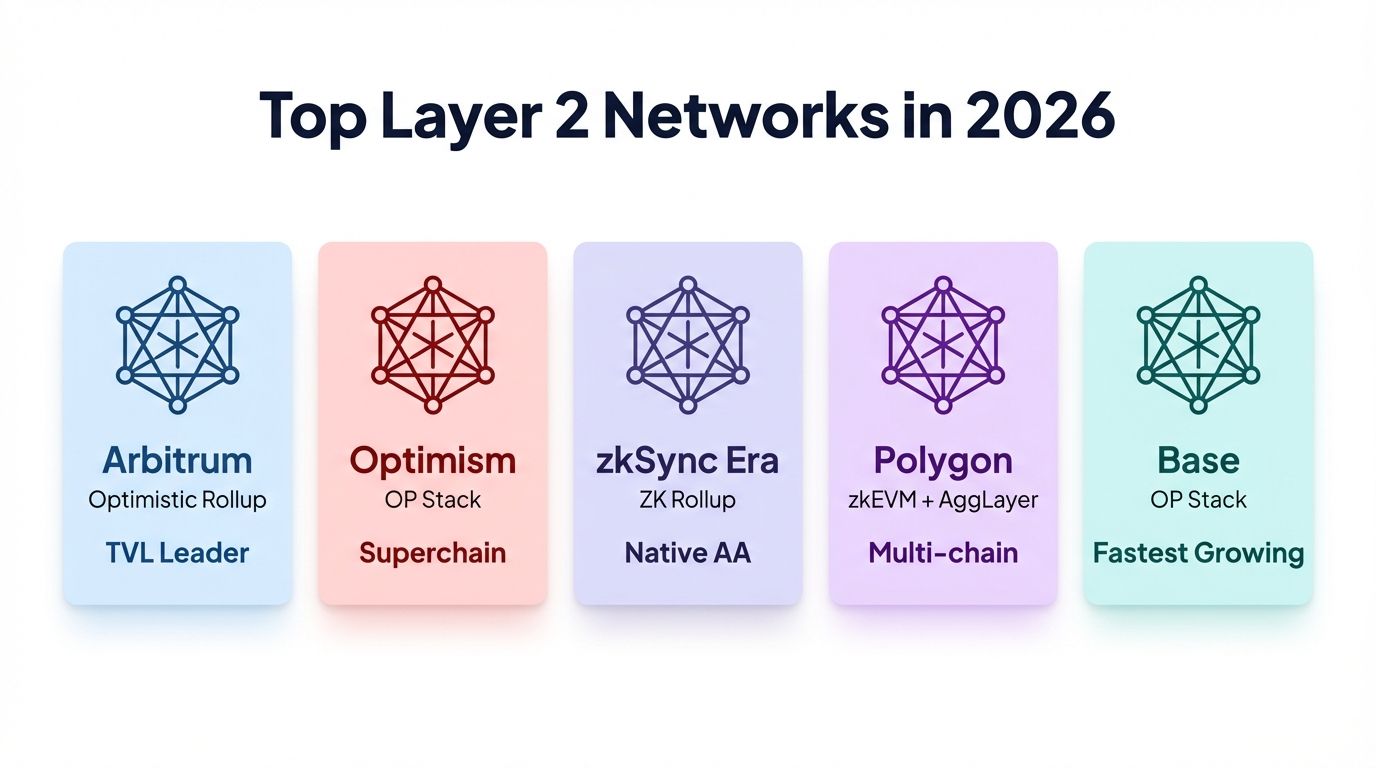 Top five Layer 2 networks in 2026: Arbitrum Optimism zkSync Era Polygon and Base with their key characteristics