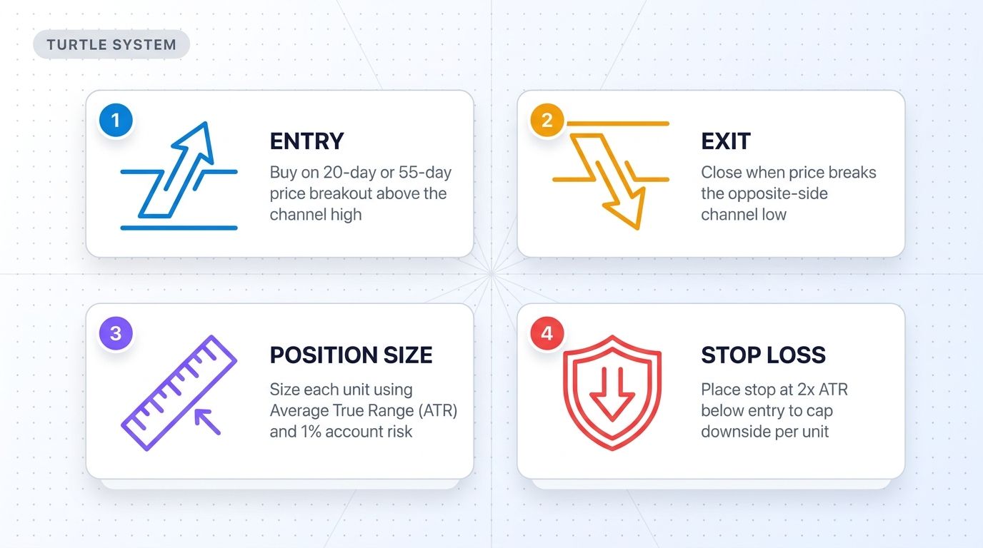Turtle Trading System four core pillars - entry, exit, position size, stop loss