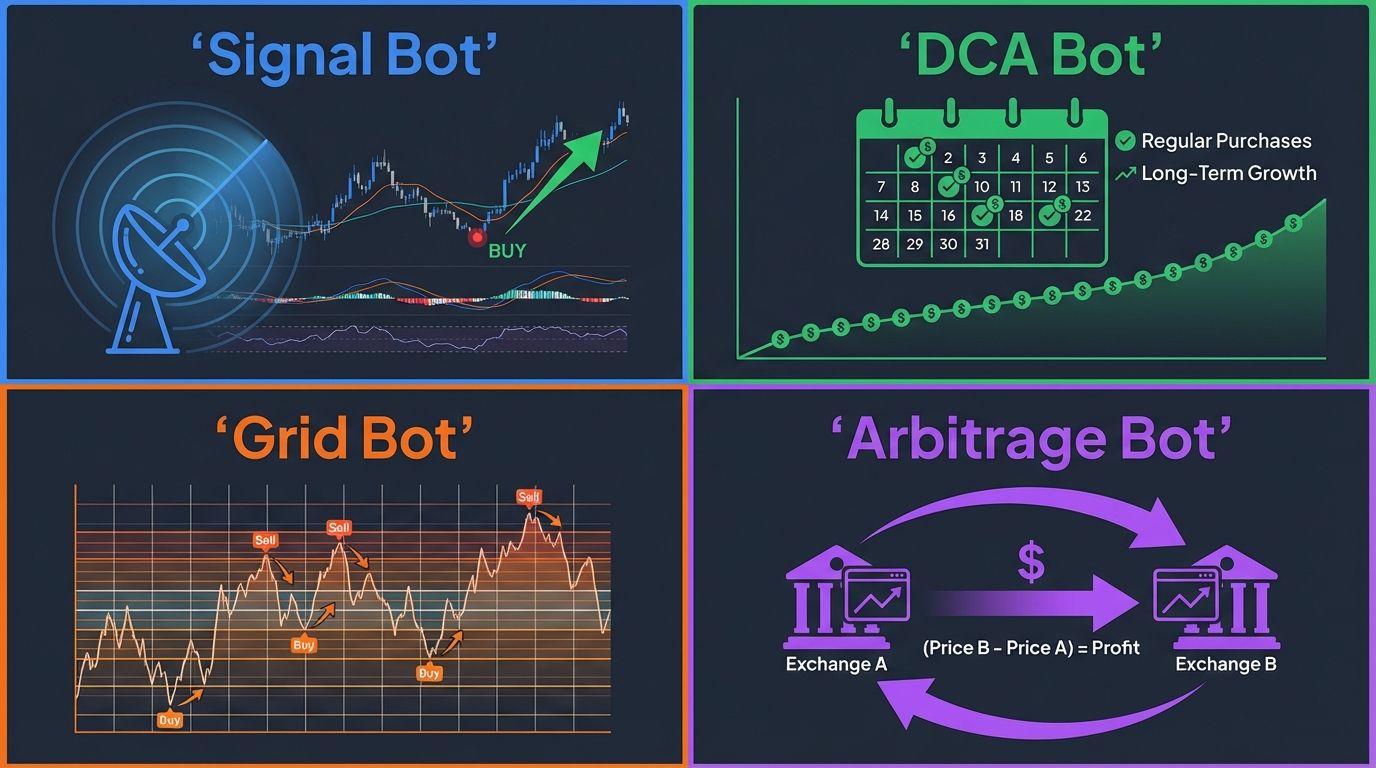 Types of AI crypto trading bots: signal, DCA, grid, arbitrage