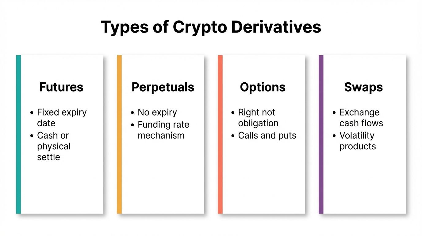 Comparison of the four main types of crypto derivatives: futures, perpetuals, options, and swaps