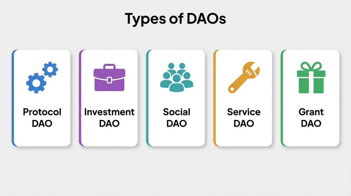 Overview of five types of DAOs: Protocol DAO, Investment DAO, Social DAO, Service DAO, and Grant DAO