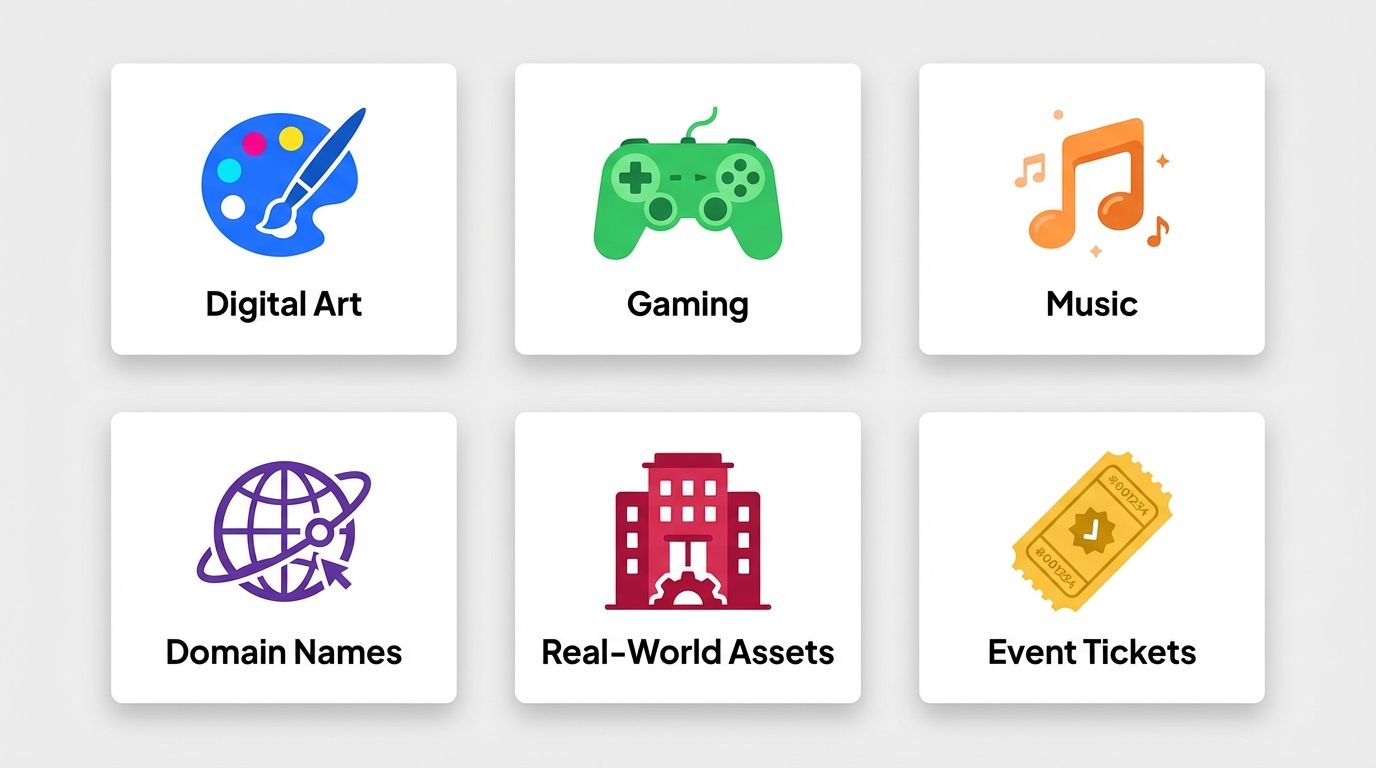 Types of NFTs: digital art, gaming, music, domain names, real-world assets, event tickets