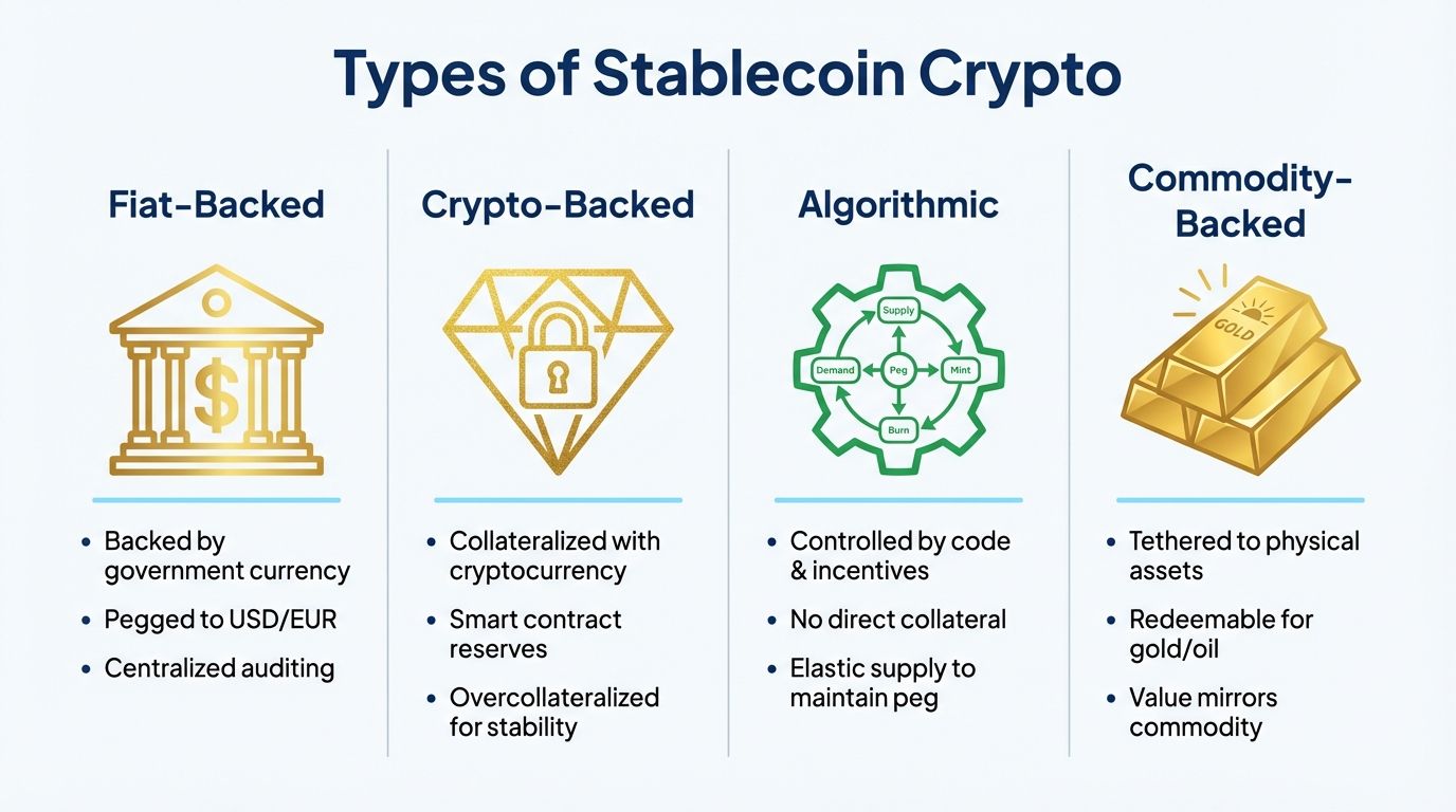 Types of stablecoin crypto: fiat-backed, crypto-backed, algorithmic, commodity-backed
