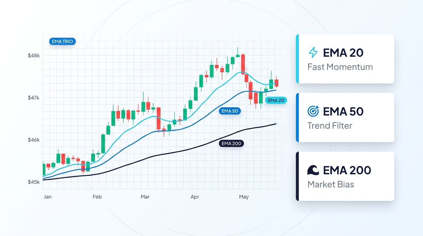 EMA 20, 50 and 200 explained with fast momentum, trend filter, and market bias