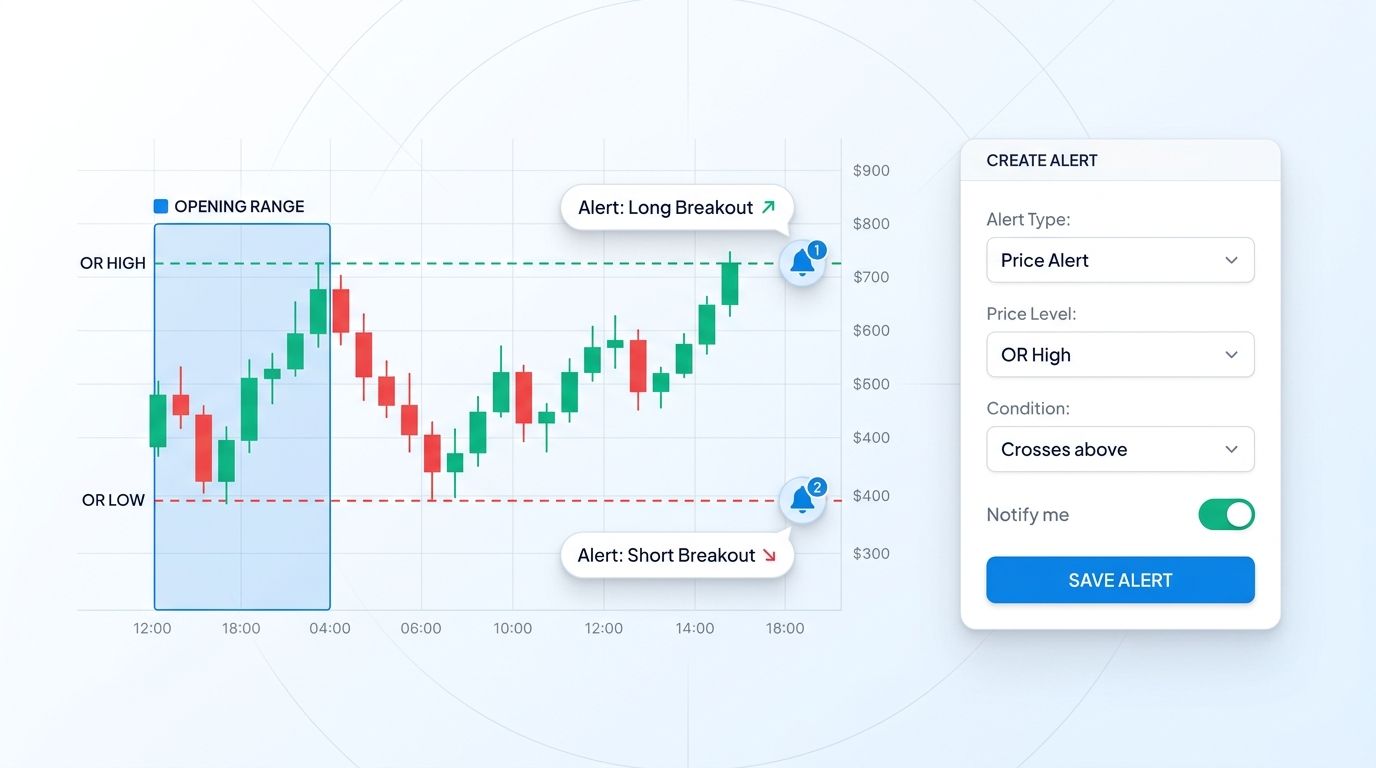 Price alert setup at OR High and OR Low with a Create Alert form