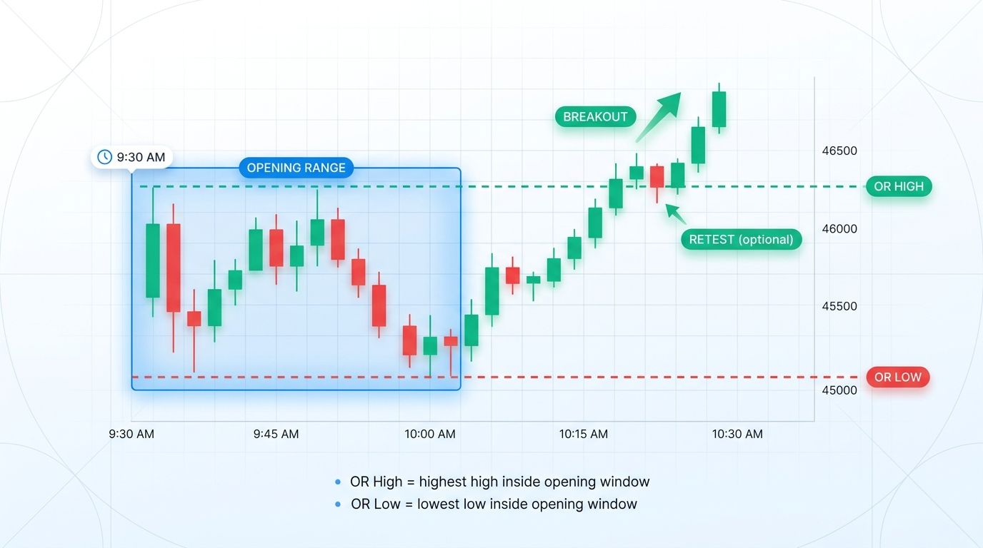 ORB strategy with OR High and OR Low marked after the opening range