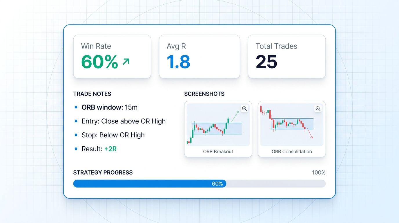 ORB trade journal dashboard with win rate, average R, total trades, and notes