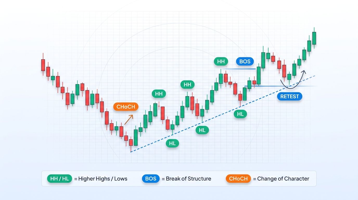 SMC market structure annotated with higher highs, higher lows, CHoCH and BOS