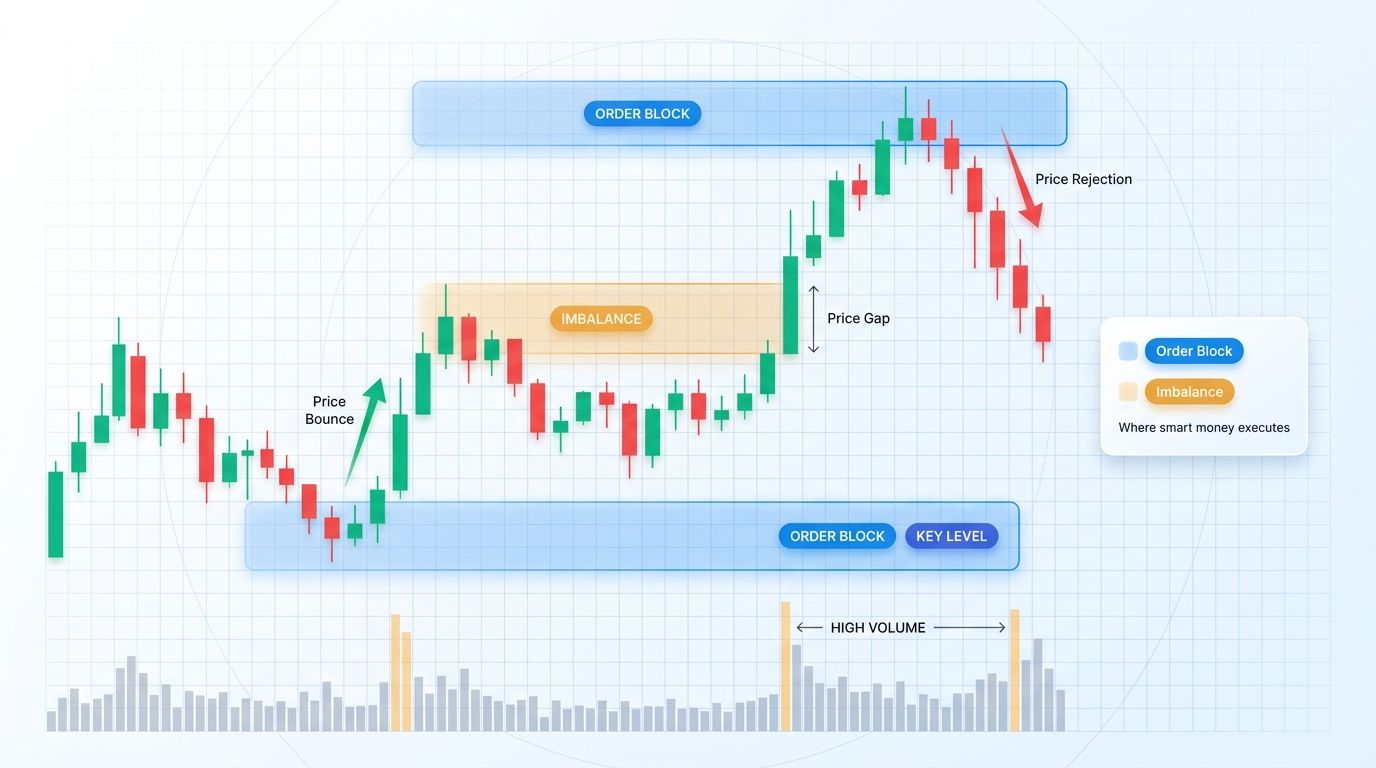 Order flow with order blocks, imbalance zone, and high volume levels