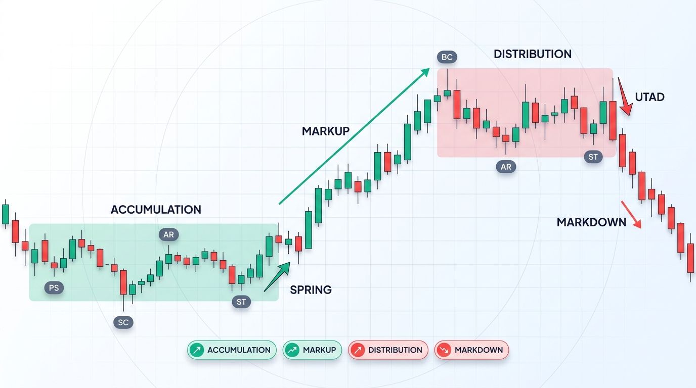Wyckoff method phases: accumulation, markup, distribution, and markdown