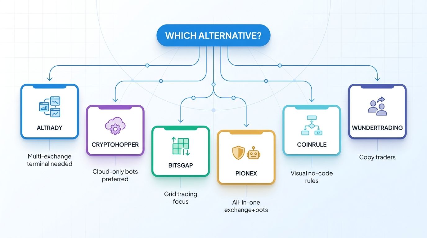 Decision flowchart showing which 3Commas alternative fits different trader profiles