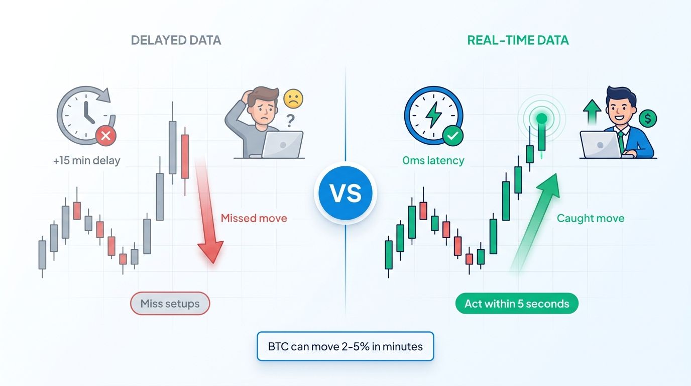 Comparison of delayed vs real-time crypto data showing missed moves with delayed tools and caught moves with live data