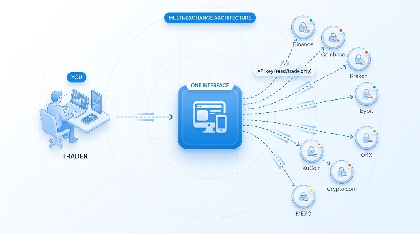 Altrady multi-exchange architecture showing trader connecting to 17 exchanges through one interface via API keys