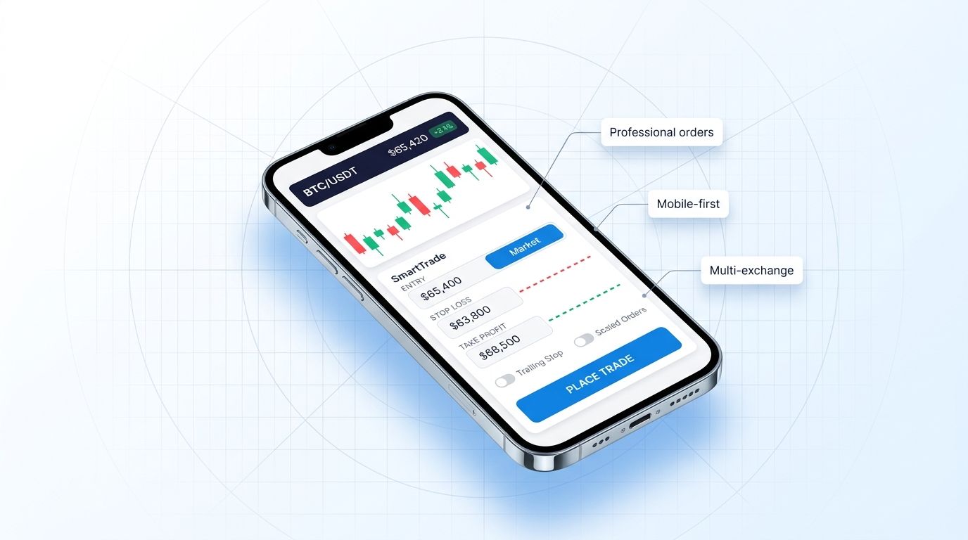 Altrady SmartTrade mobile UI mockup showing entry, stop loss, and take profit form on iPhone