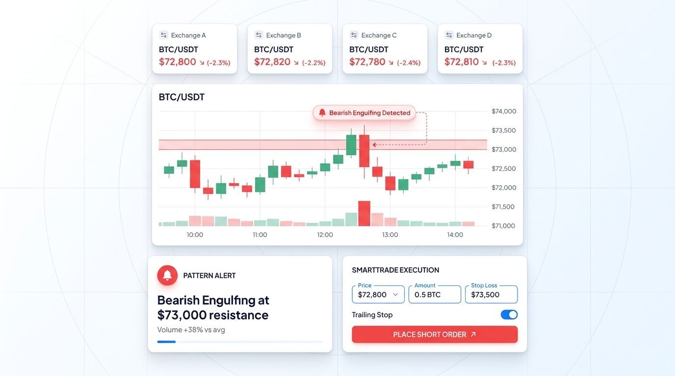 Altrady multi-exchange dashboard showing bearish engulfing pattern alert and SmartTrade execution form for a short order