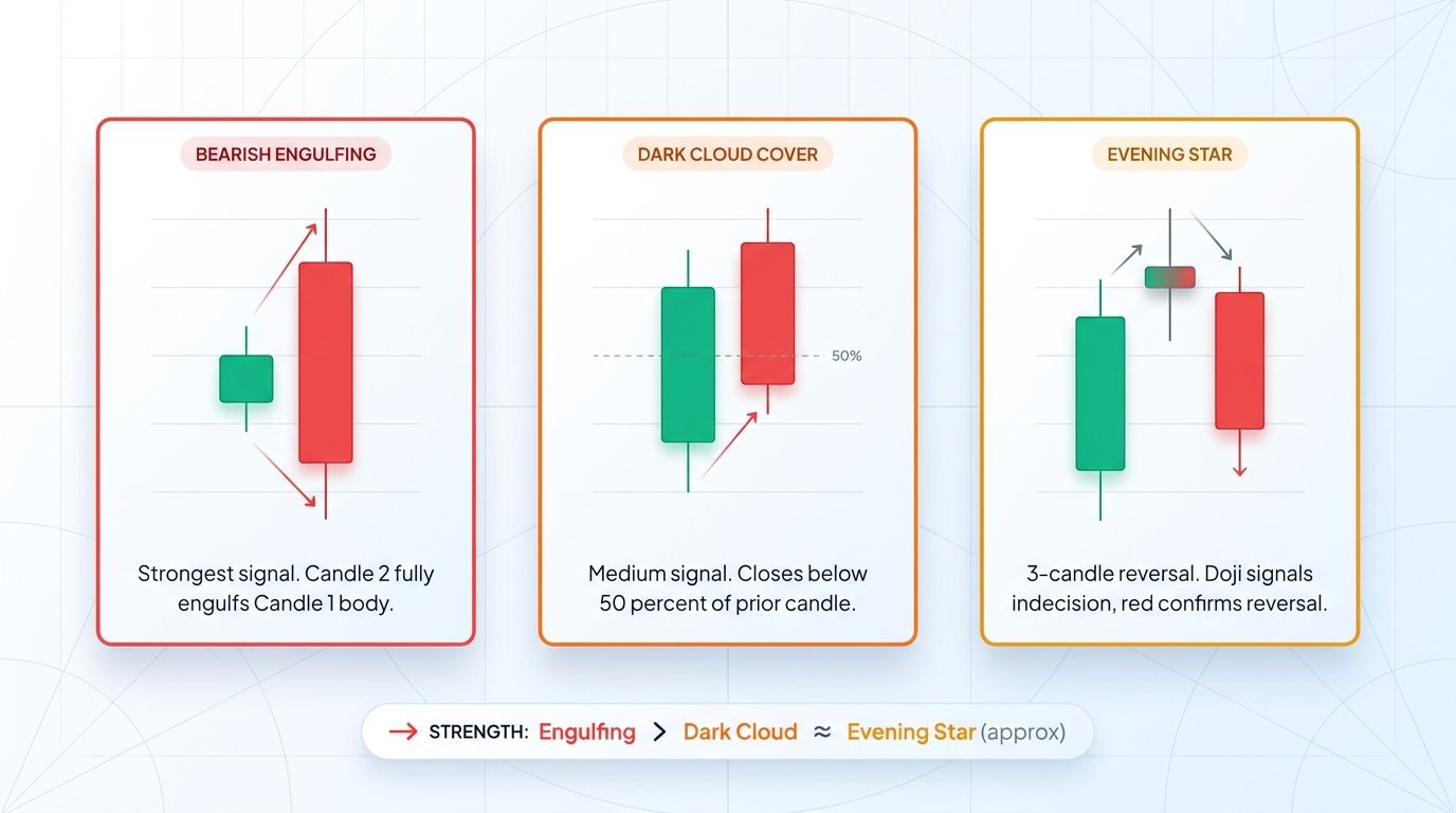 Comparison of bearish engulfing, dark cloud cover, and evening star reversal patterns with strength ranking