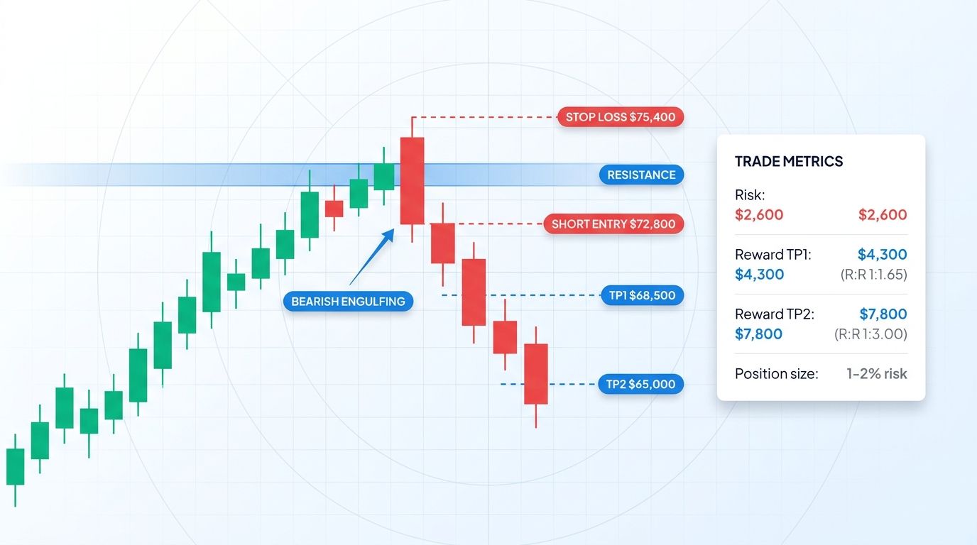 Bearish engulfing at resistance zone with short entry, stop-loss, and two take-profit targets marked on a BTC chart