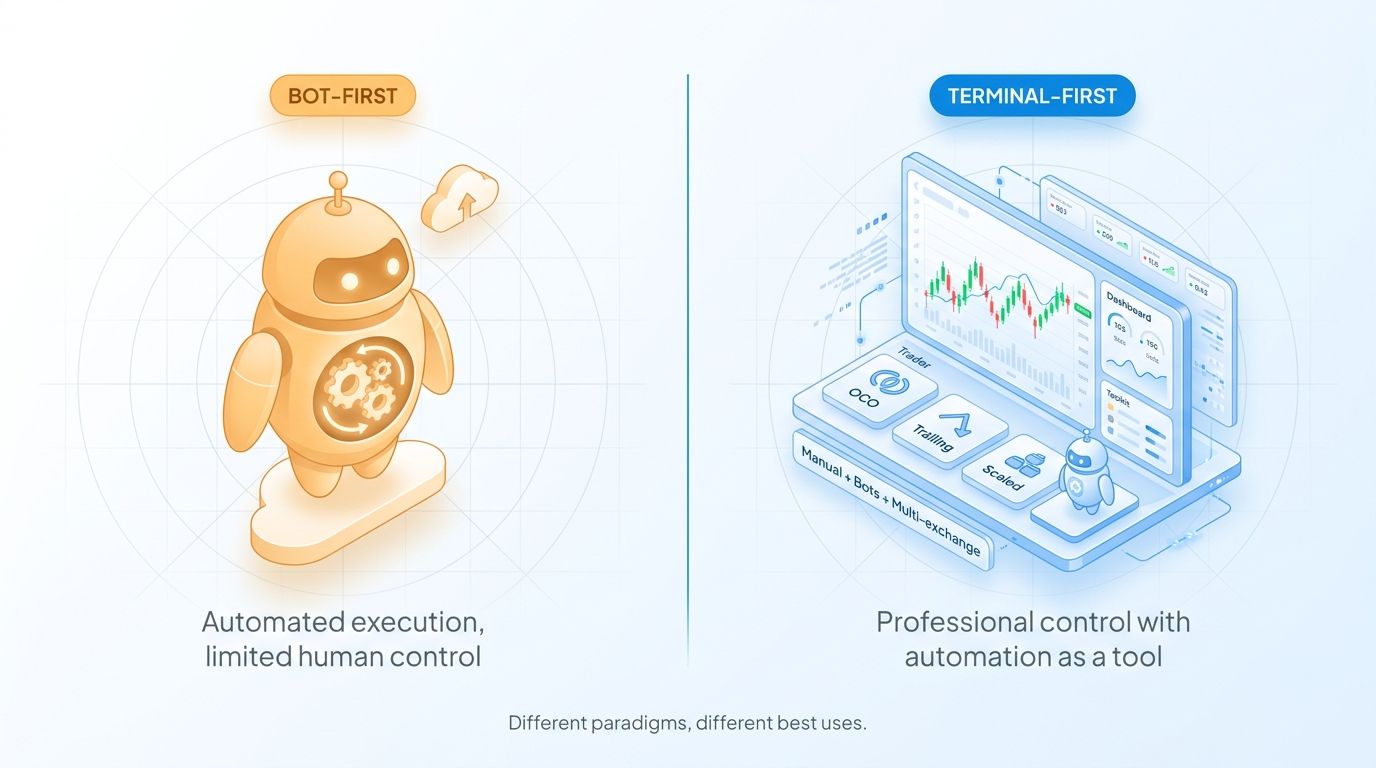 Bot-first versus terminal-first paradigm: single robot in cloud versus trader with multi-tool dashboard