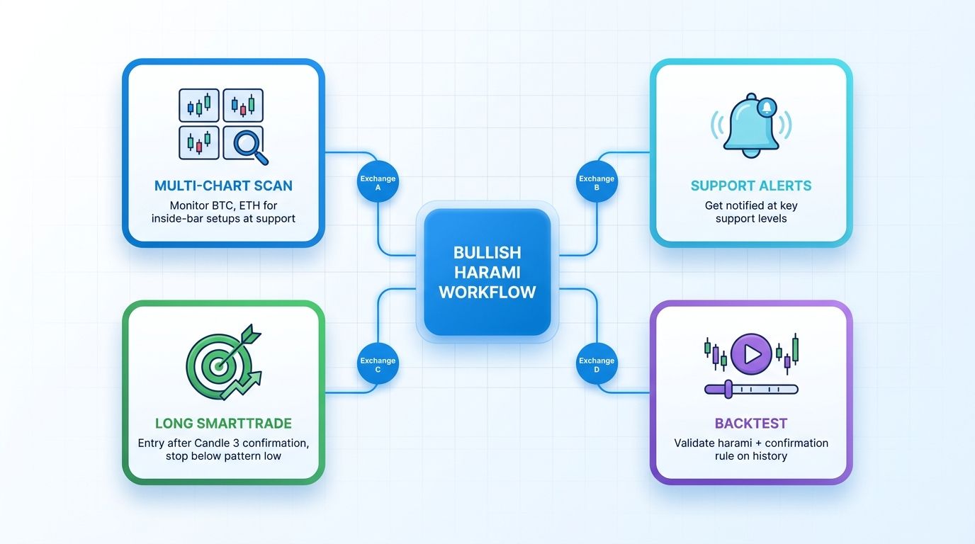 Altrady multi-exchange dashboard showing bullish harami detection, support alerts, and SmartTrade execution workflow