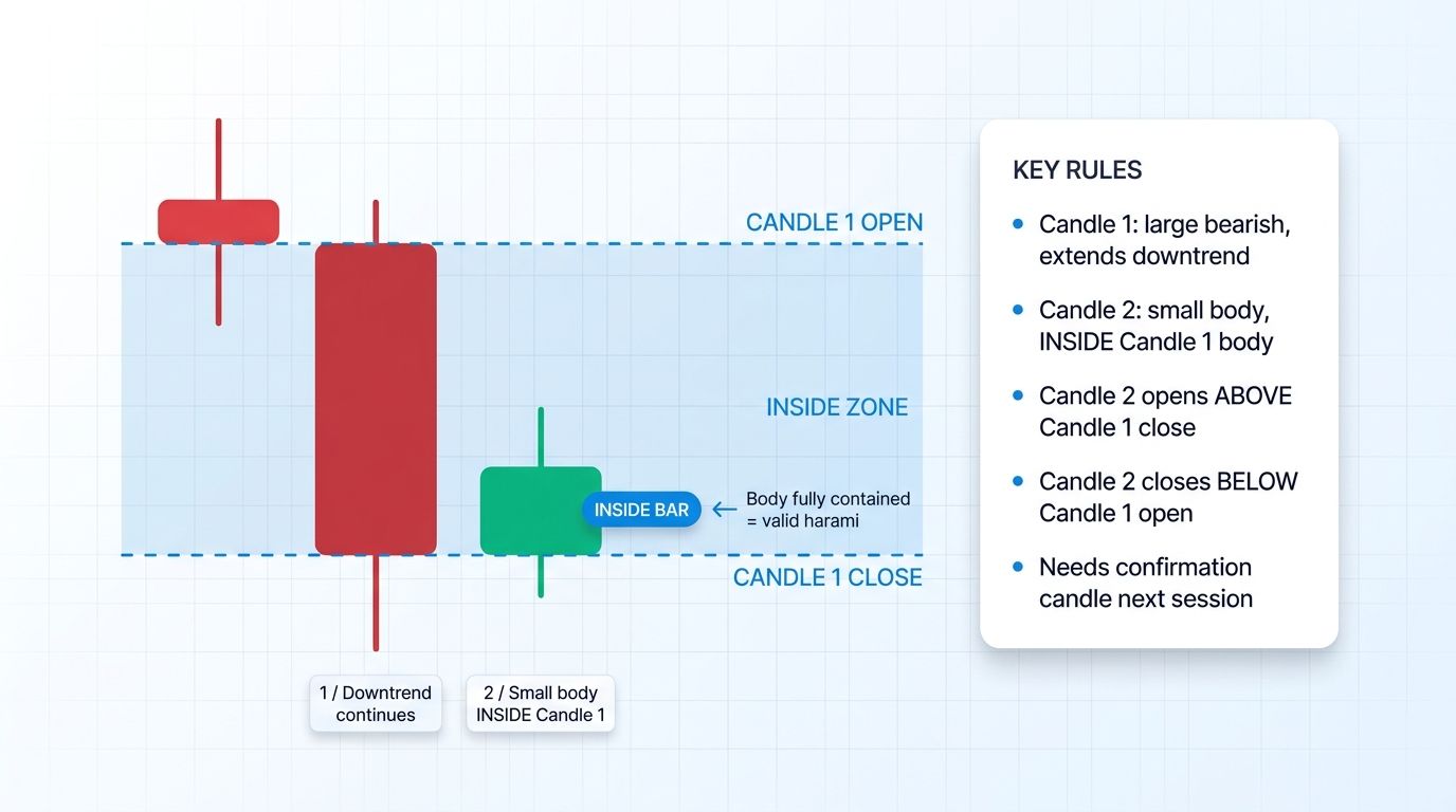 Anatomy of the bullish harami candlestick pattern showing a large bearish candle and a small bullish inside-bar candle contained within the prior body