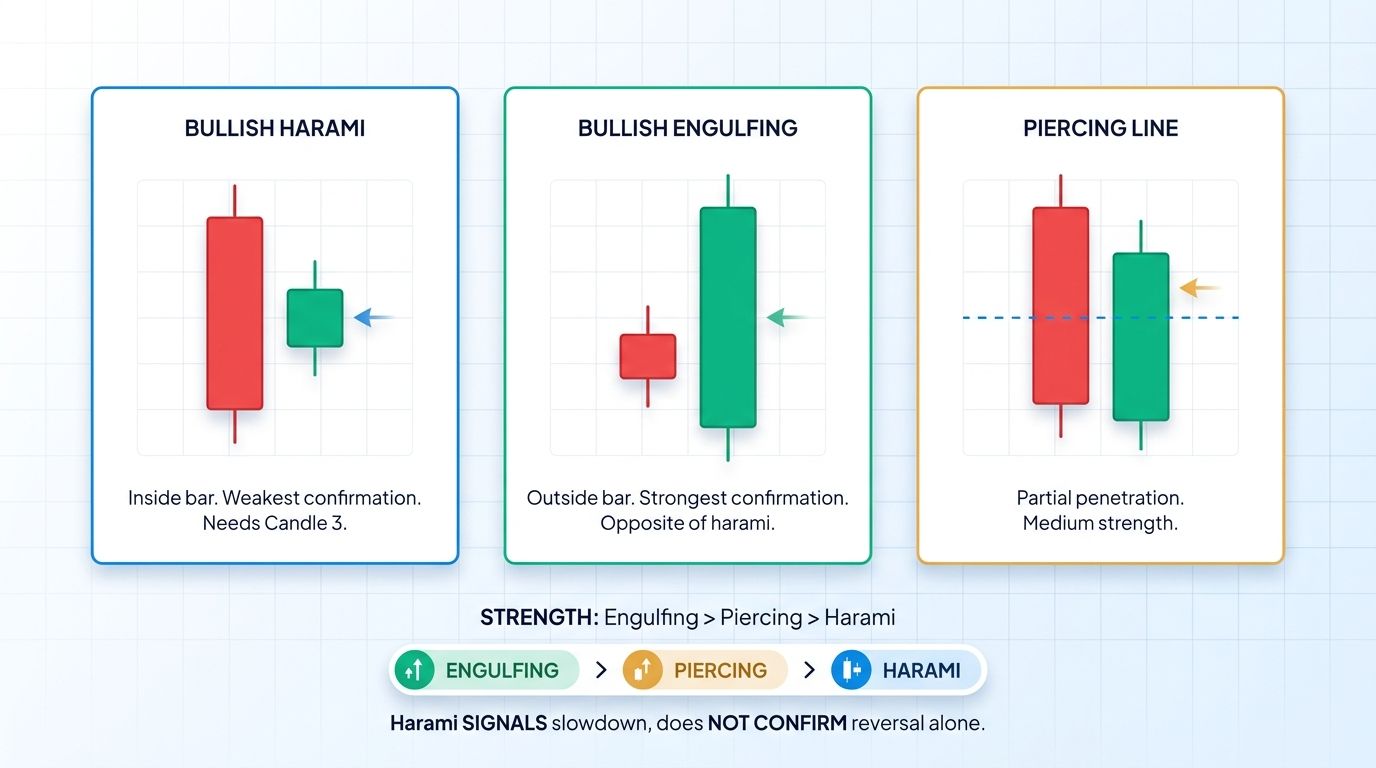 Comparison of bullish harami, bullish engulfing, and piercing line bullish reversal patterns