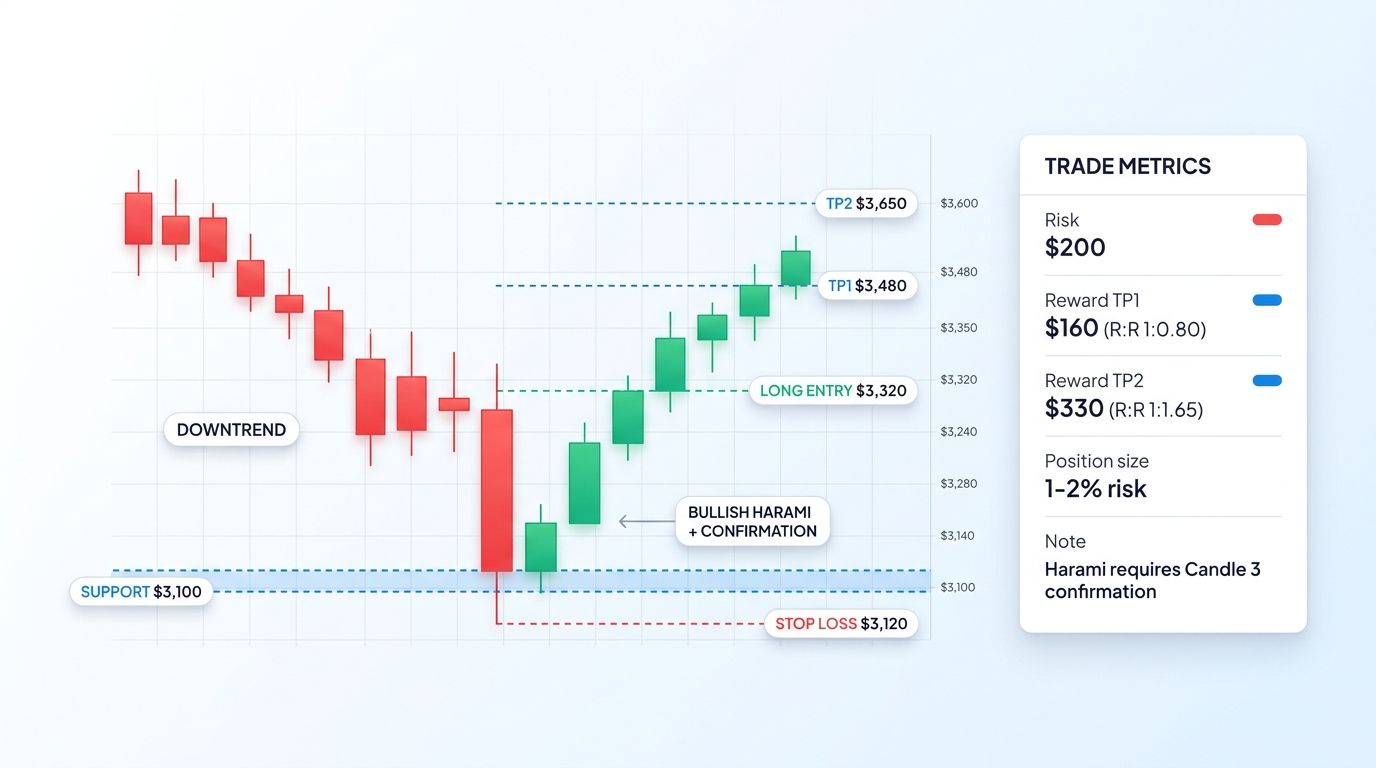 Bullish harami at ETH support with long entry on confirmation candle, stop-loss below candle 1 low, and two take-profit targets