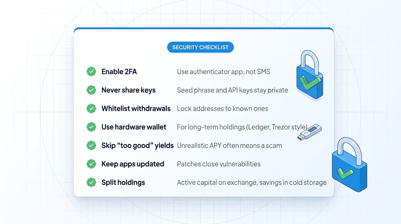 Seven security best practices for mobile crypto trading: 2FA, key protection, withdrawal whitelist, hardware wallet, caution on yields, updates, split holdings