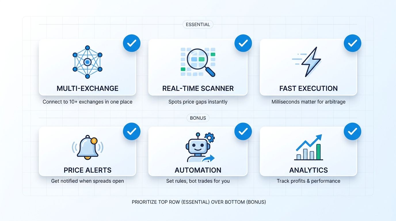 Must-have vs nice-to-have features in a crypto arbitrage app - multi-exchange, scanner, fast execution as essentials; alerts, automation, analytics as bonus