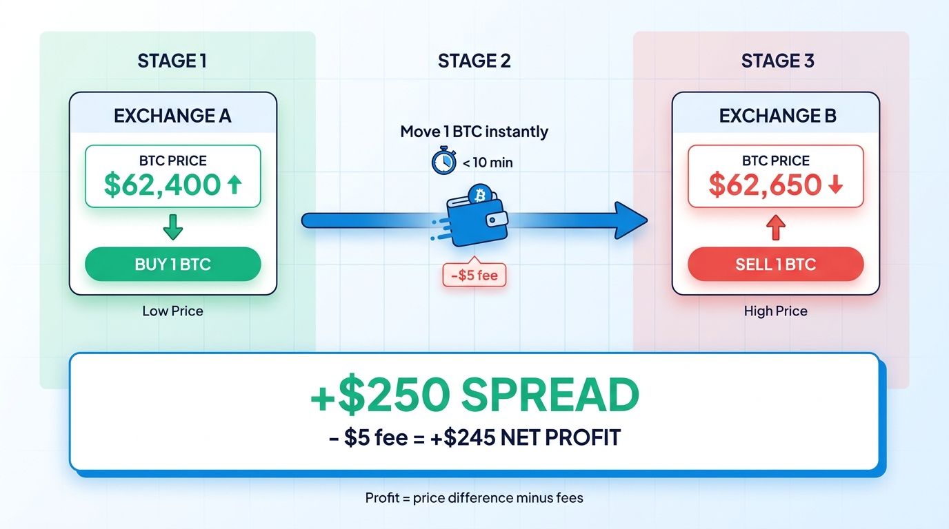 How crypto arbitrage works - 3-stage flow showing buy on Exchange A at $62,400, transfer, sell on Exchange B at $62,650 for $245 net profit after fees