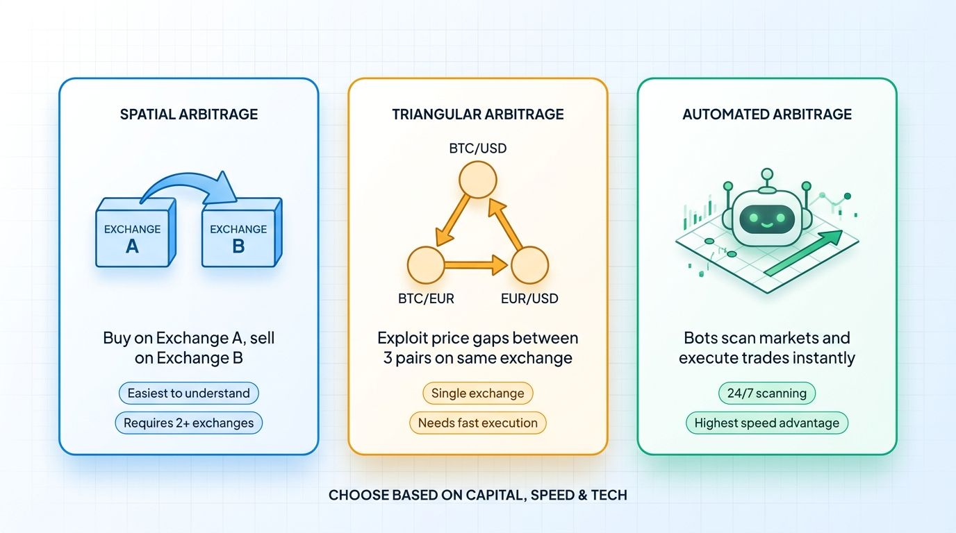 3 types of crypto arbitrage - spatial across exchanges, triangular between 3 trading pairs, and automated with bots