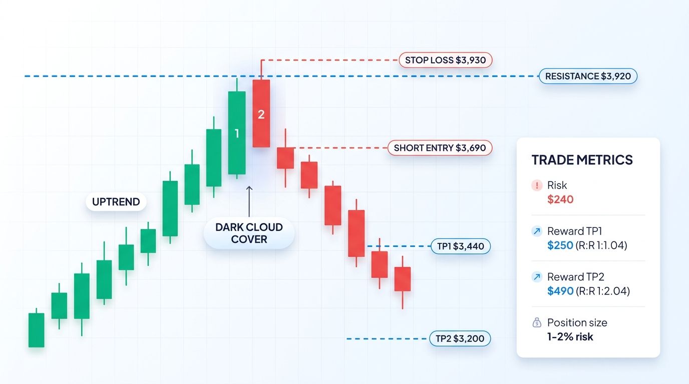 Dark cloud cover on ETH with short entry on candle 2 close, stop-loss above candle 2 high, and two take-profit targets