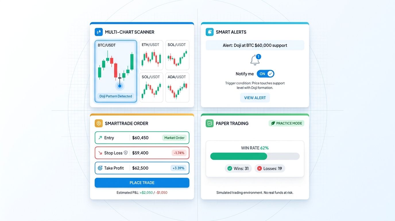 Altrady workflow showing multi-chart scanner, smart alerts, SmartTrade order, and paper trading for doji patterns