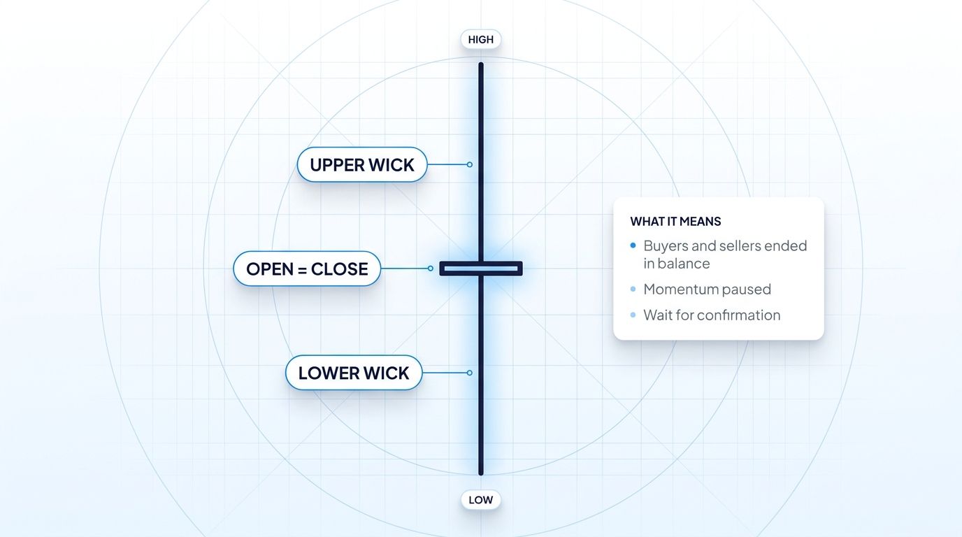 Anatomy of a doji candlestick showing open equal close with upper and lower wicks