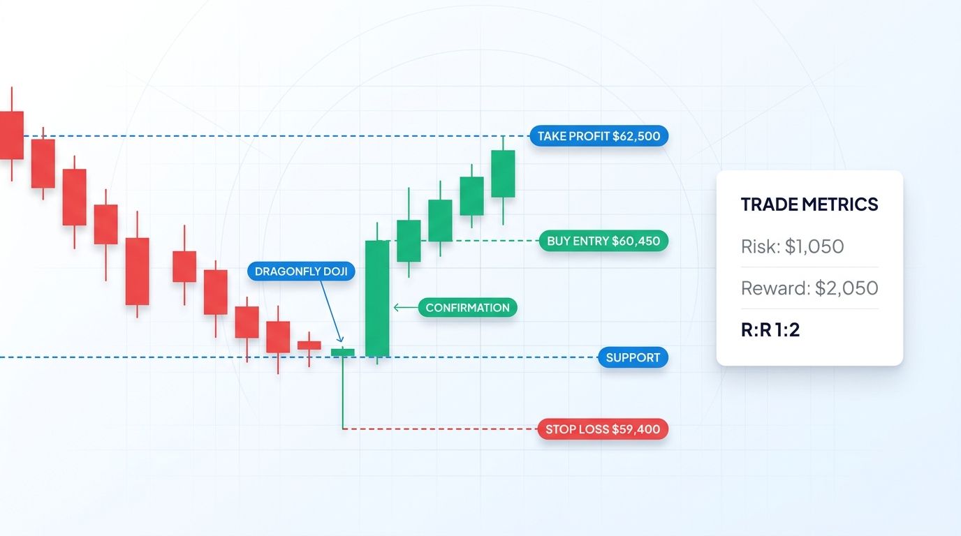 Dragonfly doji at support with entry stop and take-profit levels marked on a chart