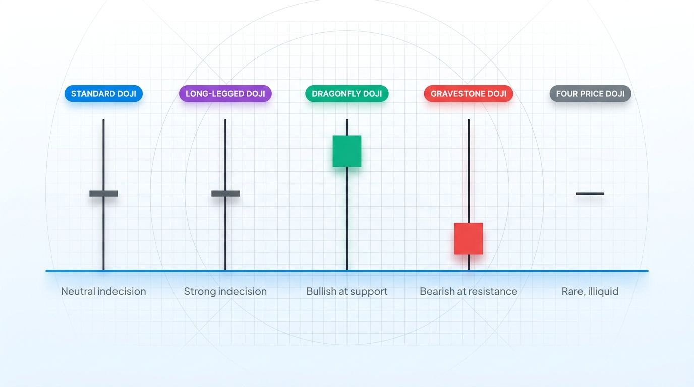 Five doji candlestick variants: standard, long-legged, dragonfly, gravestone, and four-price