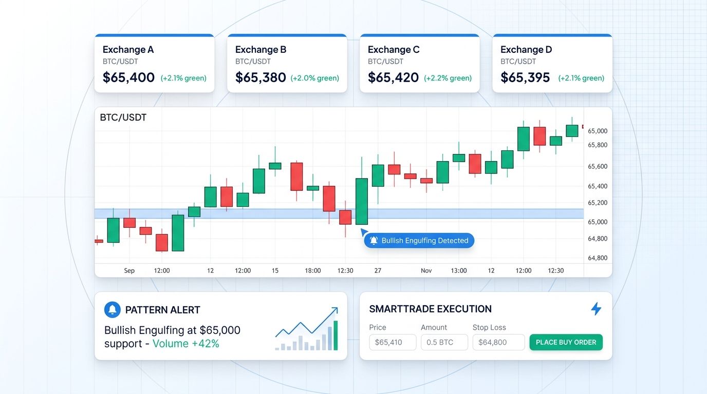 Altrady dashboard showing multi-exchange price tickers, bullish engulfing pattern alert, and SmartTrade execution form