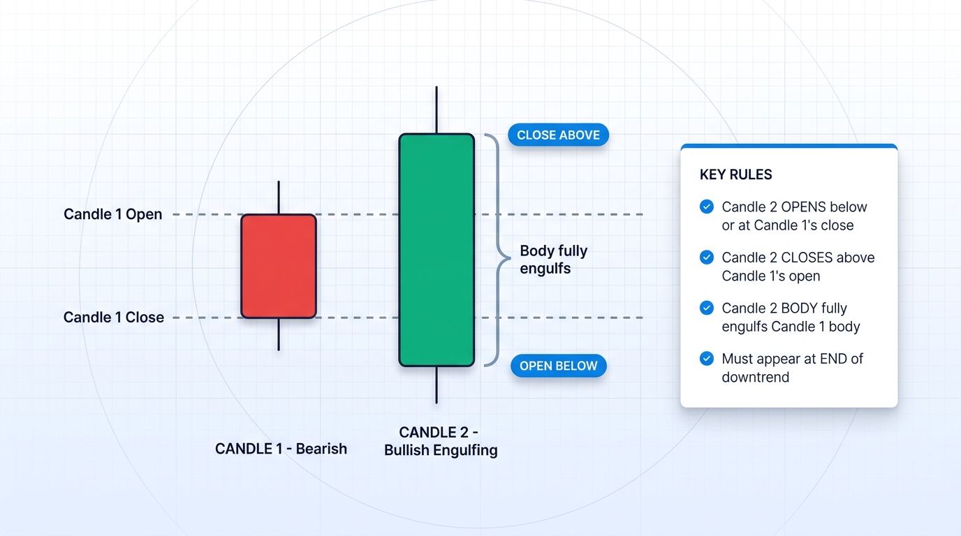 Anatomy of bullish engulfing pattern showing candle 2 body fully engulfing candle 1 body