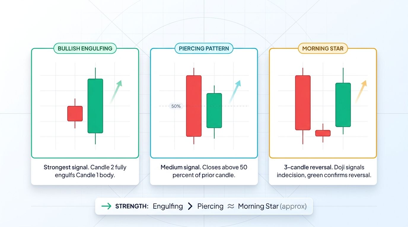Comparison of bullish engulfing, piercing, and morning star reversal patterns