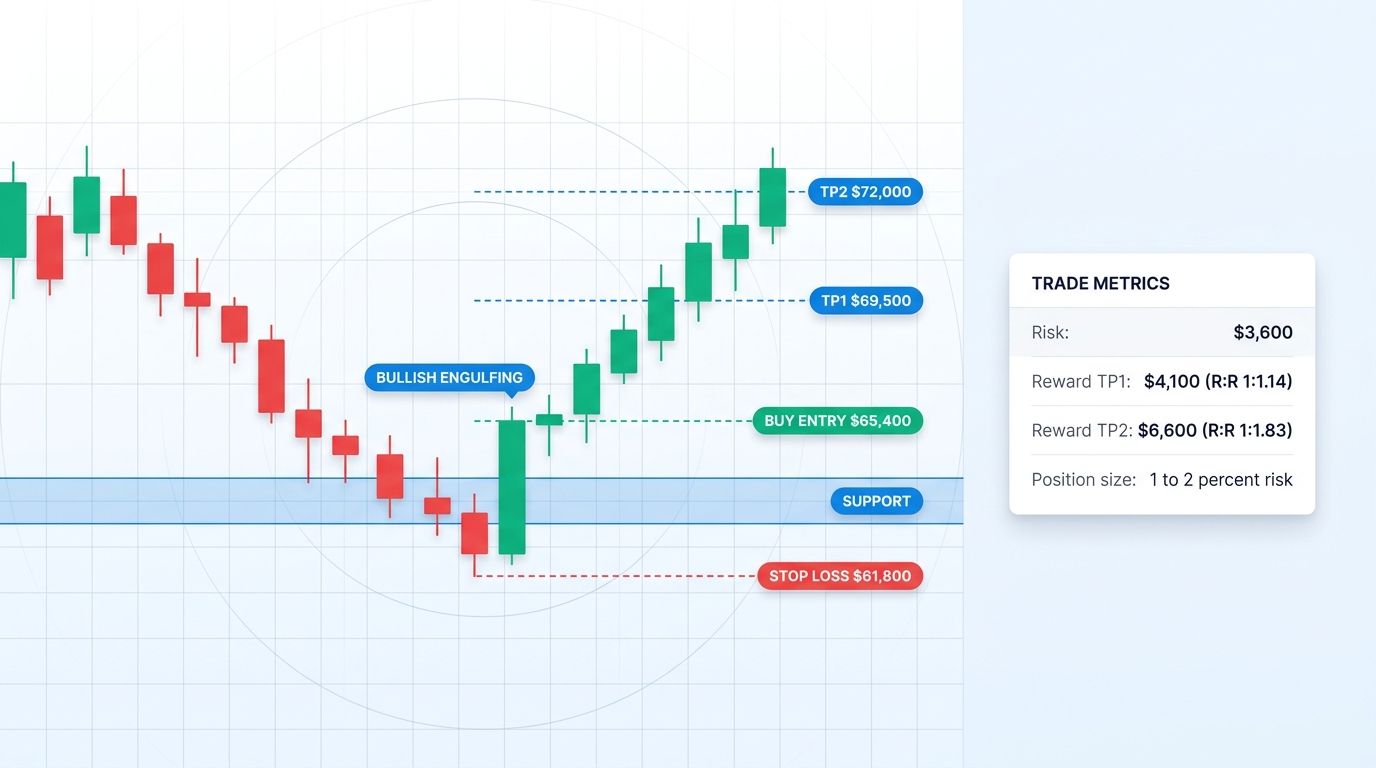Bullish engulfing at support zone with entry stop-loss and two take-profit targets