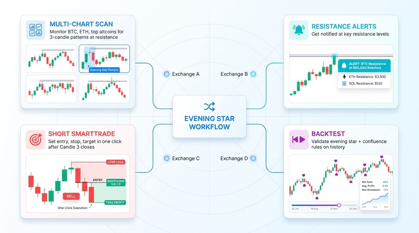 Altrady multi-exchange dashboard showing evening star detection, resistance alert workflow, and SmartTrade execution for a short order