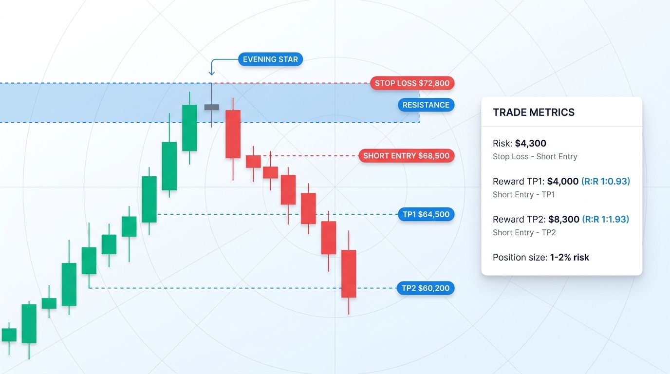 Evening star at BTC resistance zone with short entry on candle 3 close, stop-loss above candle 2 high, and two take-profit targets on a daily chart