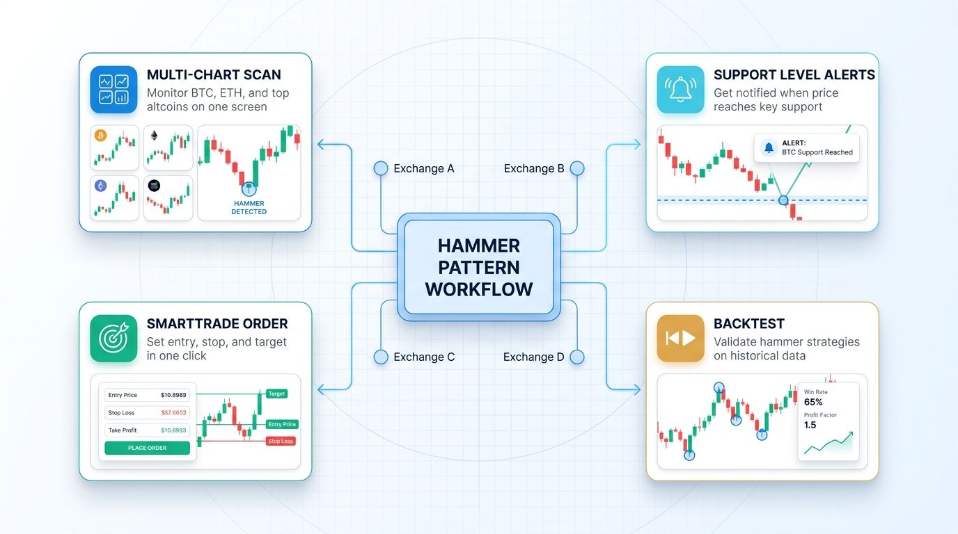 Altrady workflow with multi-chart scanner, support alerts, SmartTrade orders, and backtesting for hammer patterns