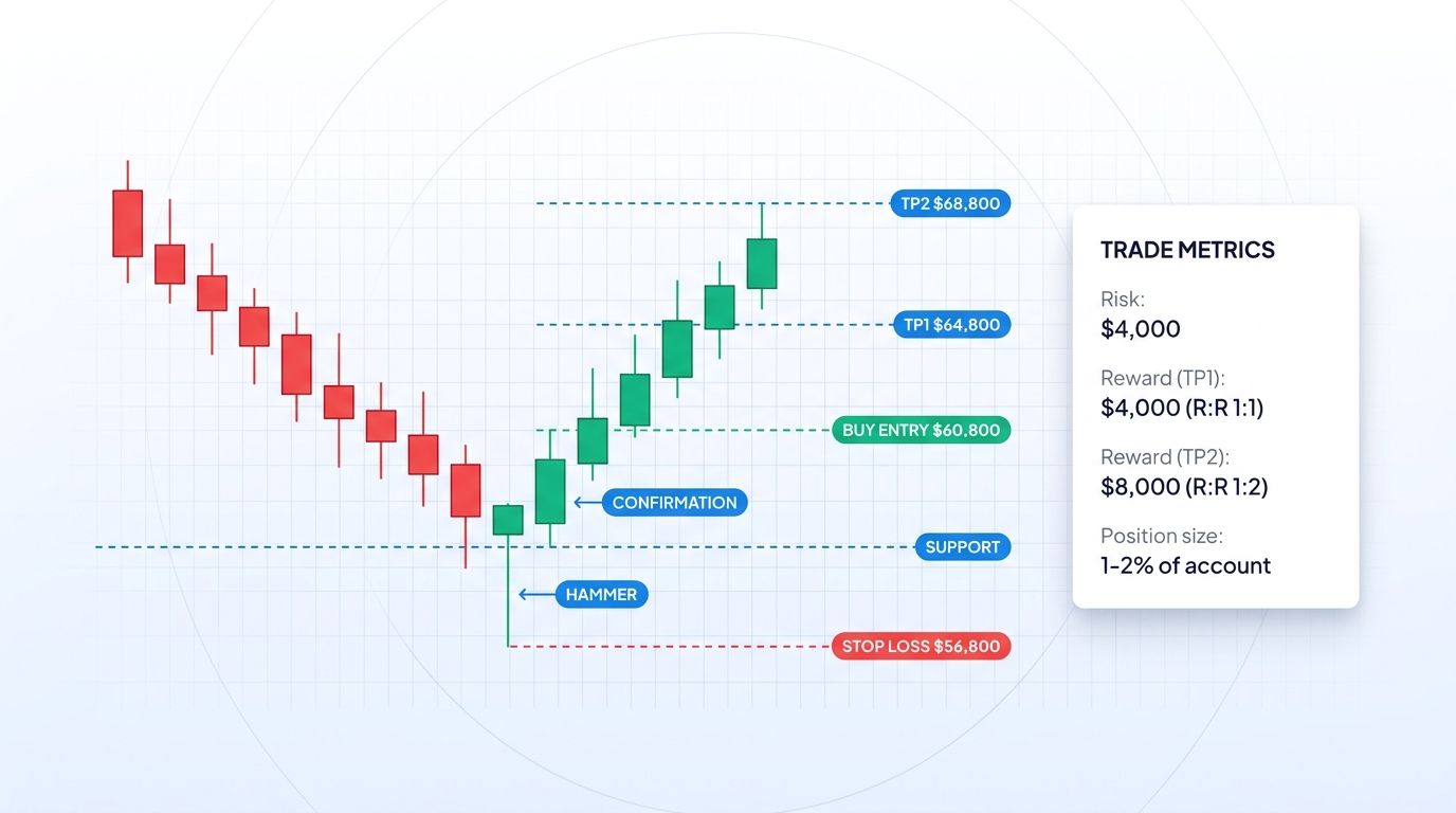 Hammer candlestick at support with entry stop-loss and take-profit levels marked