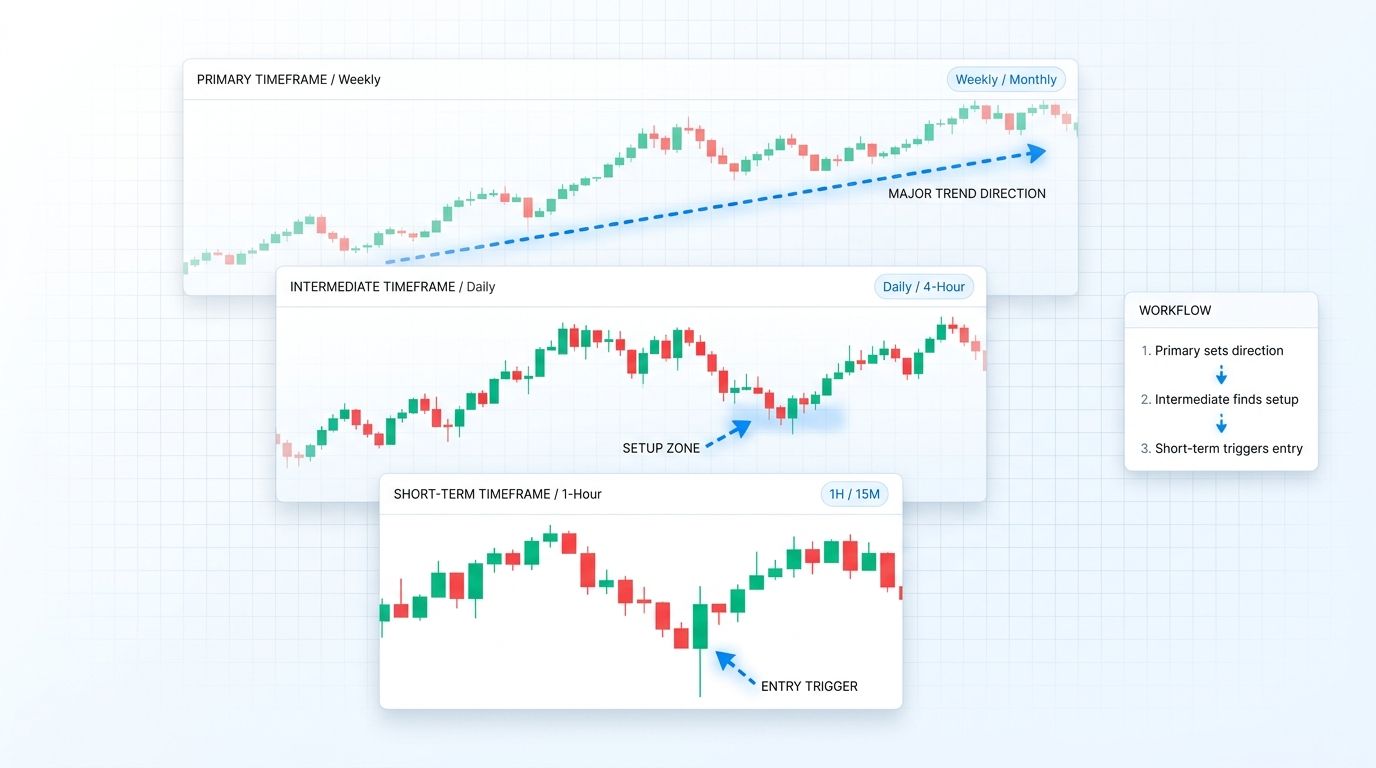 Larry Williams multi-timeframe analysis stack - weekly primary trend, daily intermediate setup, and 1-hour entry trigger