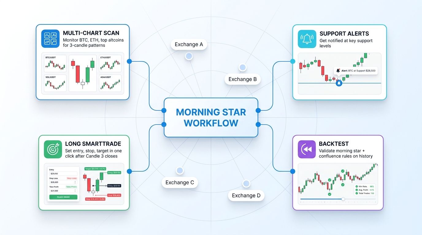 Altrady multi-exchange dashboard showing morning star detection, alert workflow, and SmartTrade execution for a long order